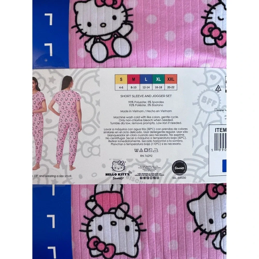 NWT Hello Kitty Pink Polka Dot Ribbed Short Sleeve and Jogger Pajama Set Large